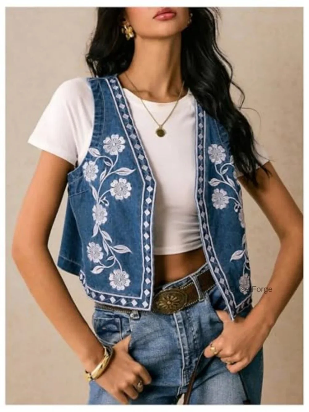 Embroidered Floral Denim Vest Sleeveless Cropped Boho Jacket